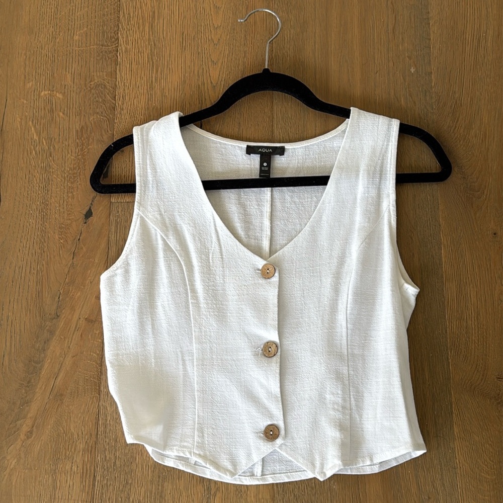 Aqua white linen blend short vest